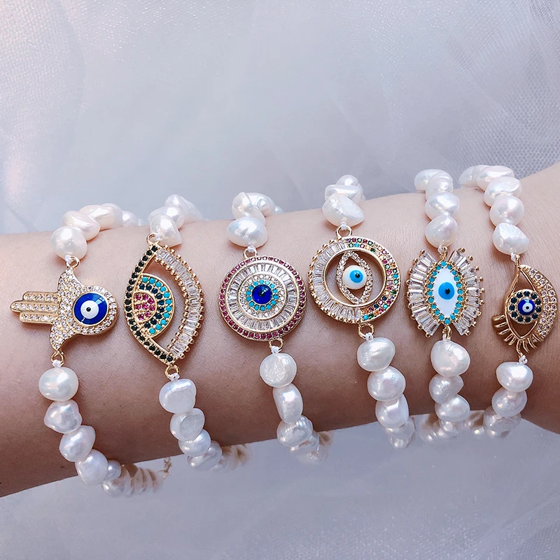 

wholesale freshwater baroque natural pearl charm evil eye bracelet with pearls jewelry