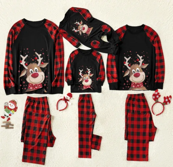 

parents and children pajamas elk family dinner plaid pants women's children's home wear 2 Piece Set
