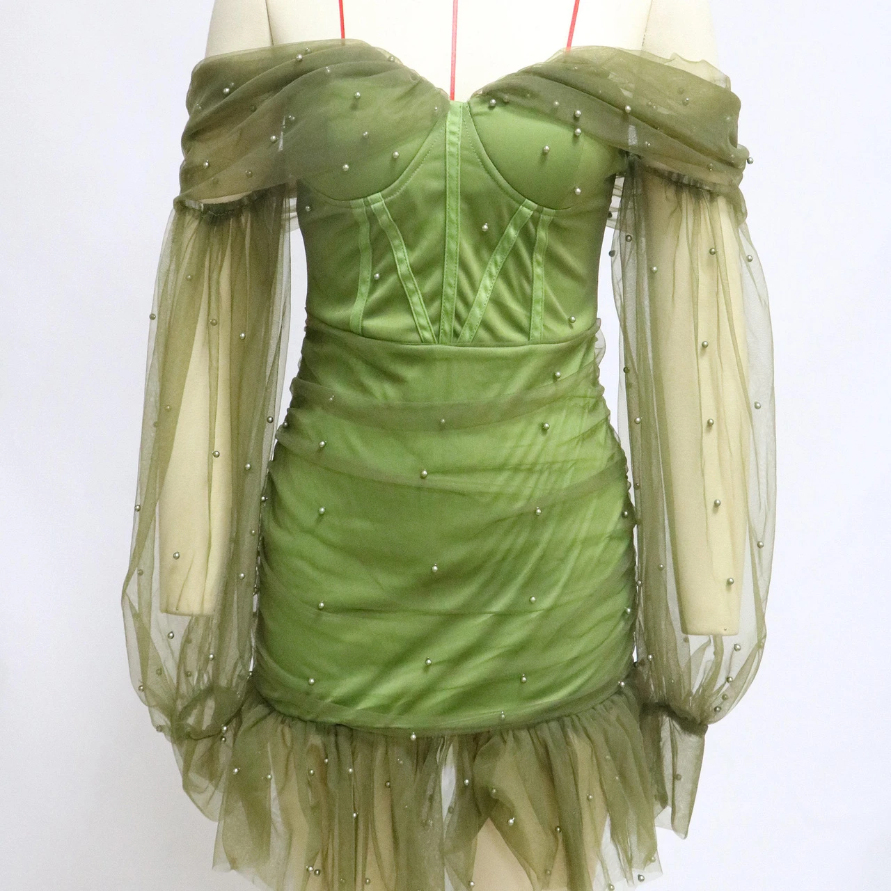 

2021 new women's fashion sexy off-the-shoulder short skirt net yarn beaded long-sleeved dress, Red green black rose red
