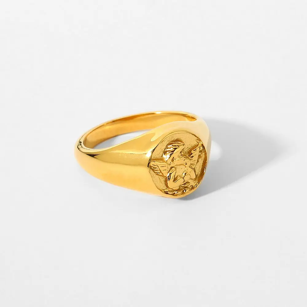 

Ins fashion angel embossed stainless steel vermeil gold signet ring