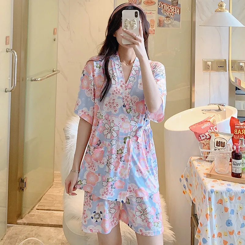 

Fashionable Lounge Wear Women Japanese Kimono Pajamas Floral Pijama Femme Sleepwear Night Suit Shorts Set Cute Pyjama For Lady