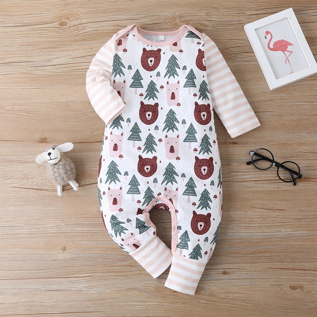 

Newborn Baby Romper Clothes Autumn Pink Bear Button Print Christmas Clothes Sets