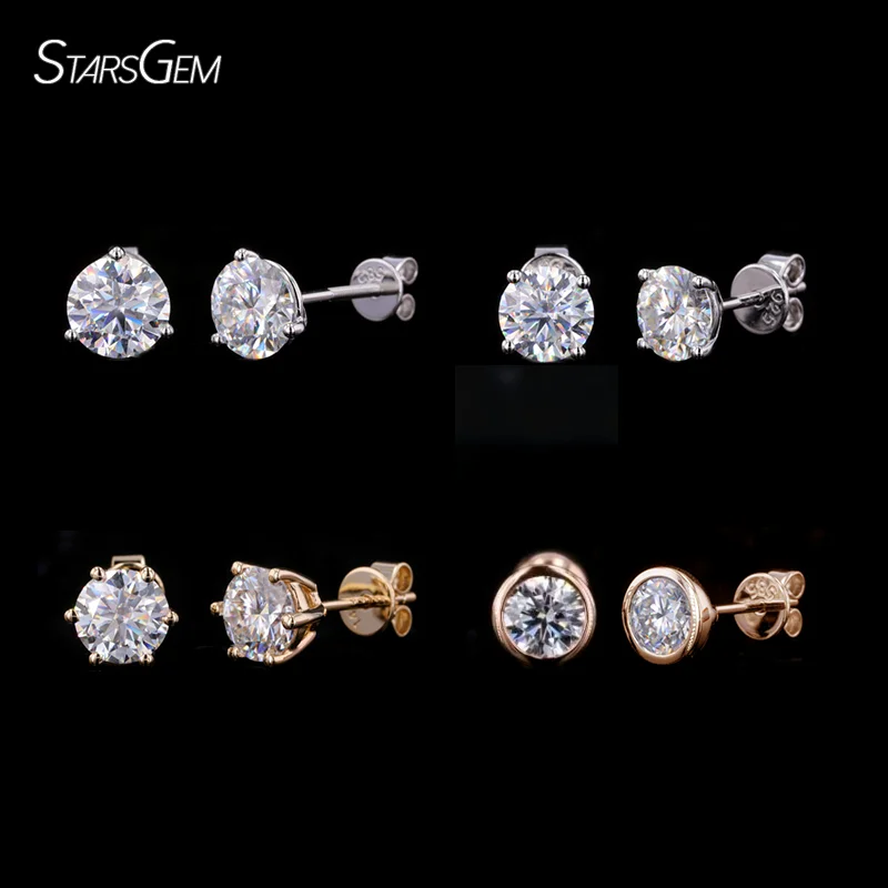 

Starsgem Wholesale 14k solid gold D synthetic mosan prong setting Bezel Setting earring 2ct round mossanite gold Stud Earrings