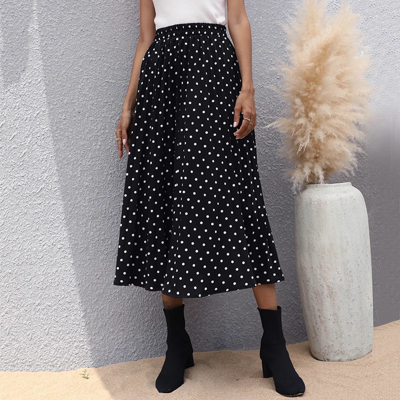 

Skirts Women High Waist Wholesale Boho Dot Silk Pleat Silk Long Black Skirt
