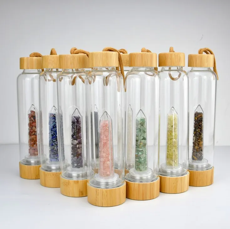 

Wholesale Amazon Hot Selling Elixir Gemstone Healing Rose Quartz Chip Stone Crystal Point Glass Drinking Bottle with Bamboo Lid