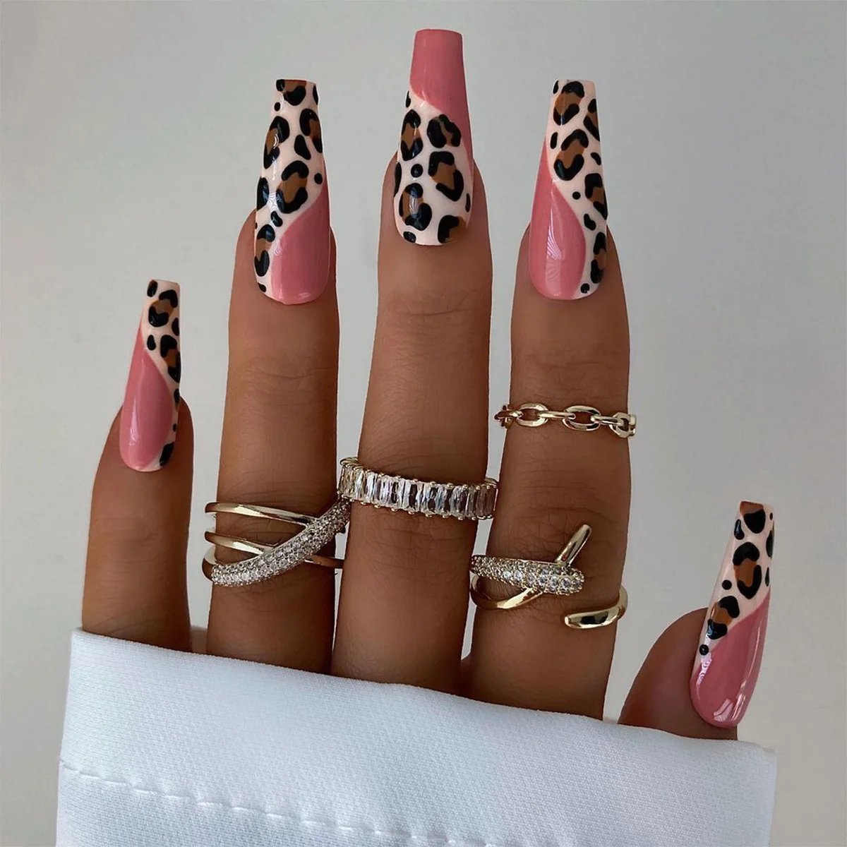 

24PCS/Boxed Tik Tok Hot Custom Logo Pink Leopard No C Curve XXL False Ballerina Nail Tips With Glue Full Cover Press On Nails