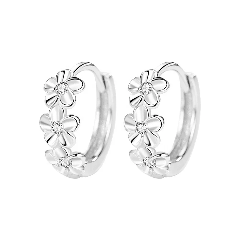 

New 925 Sterling Silver Ear Bone Puncture Earrings Sweet Small Flower Round Hoop Earrings Female Charm Fine Jewelry Gift, Gold and silver