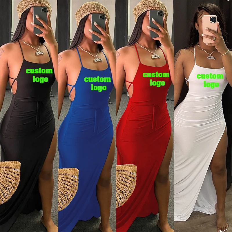 

Casual Fashion Women Summer Sleeveless Backless Sheath High Waist Slim Fit Spaghetti Strap Side Split Dress