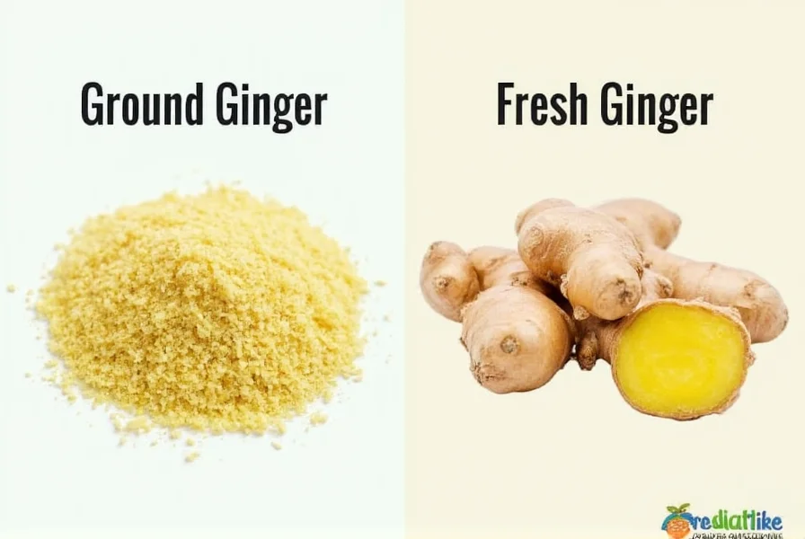 Fresh ginger root being grated next to a spice jar of ground ginger