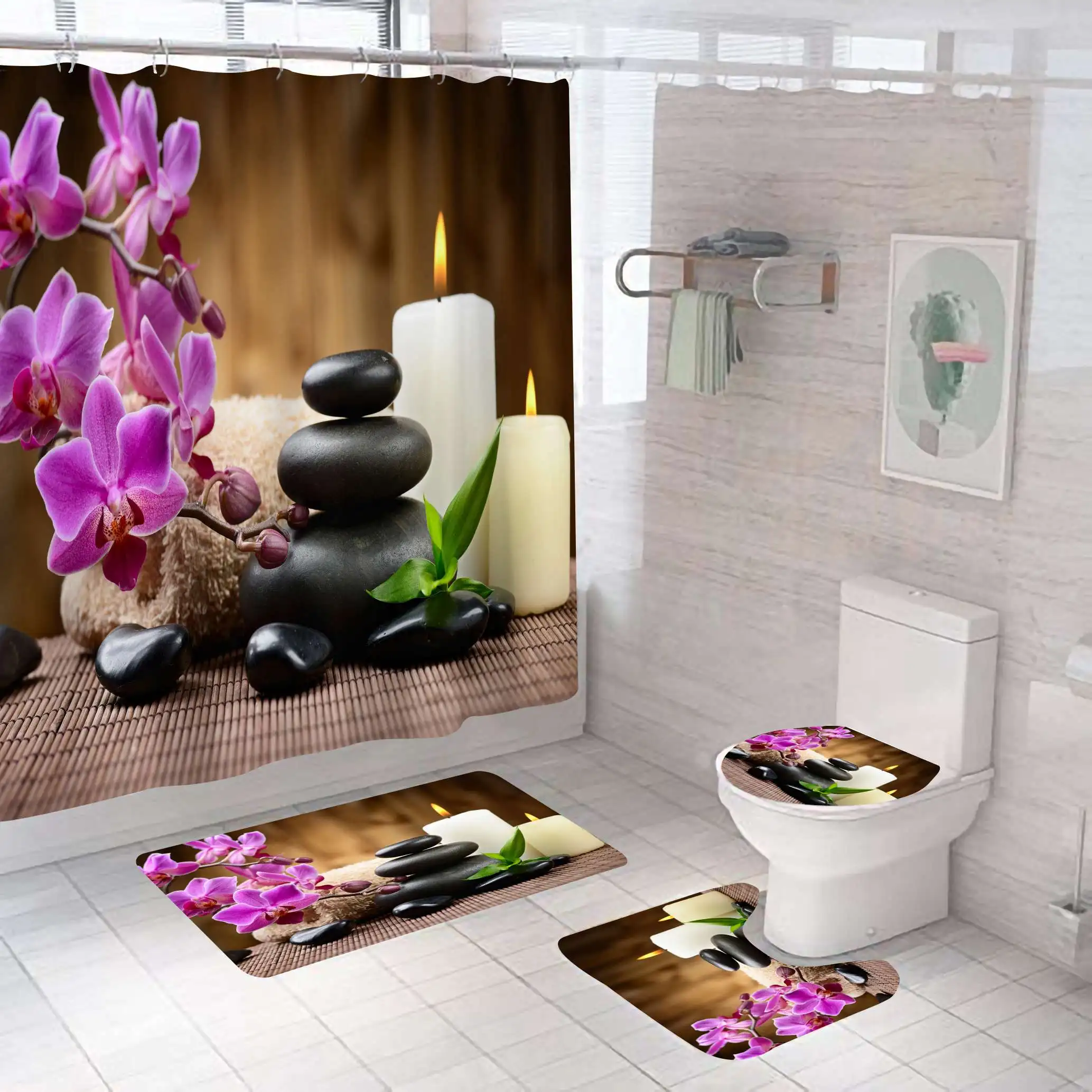 

Zen stone and flower print modern cheap and elegant bath blanket and shower curtain set