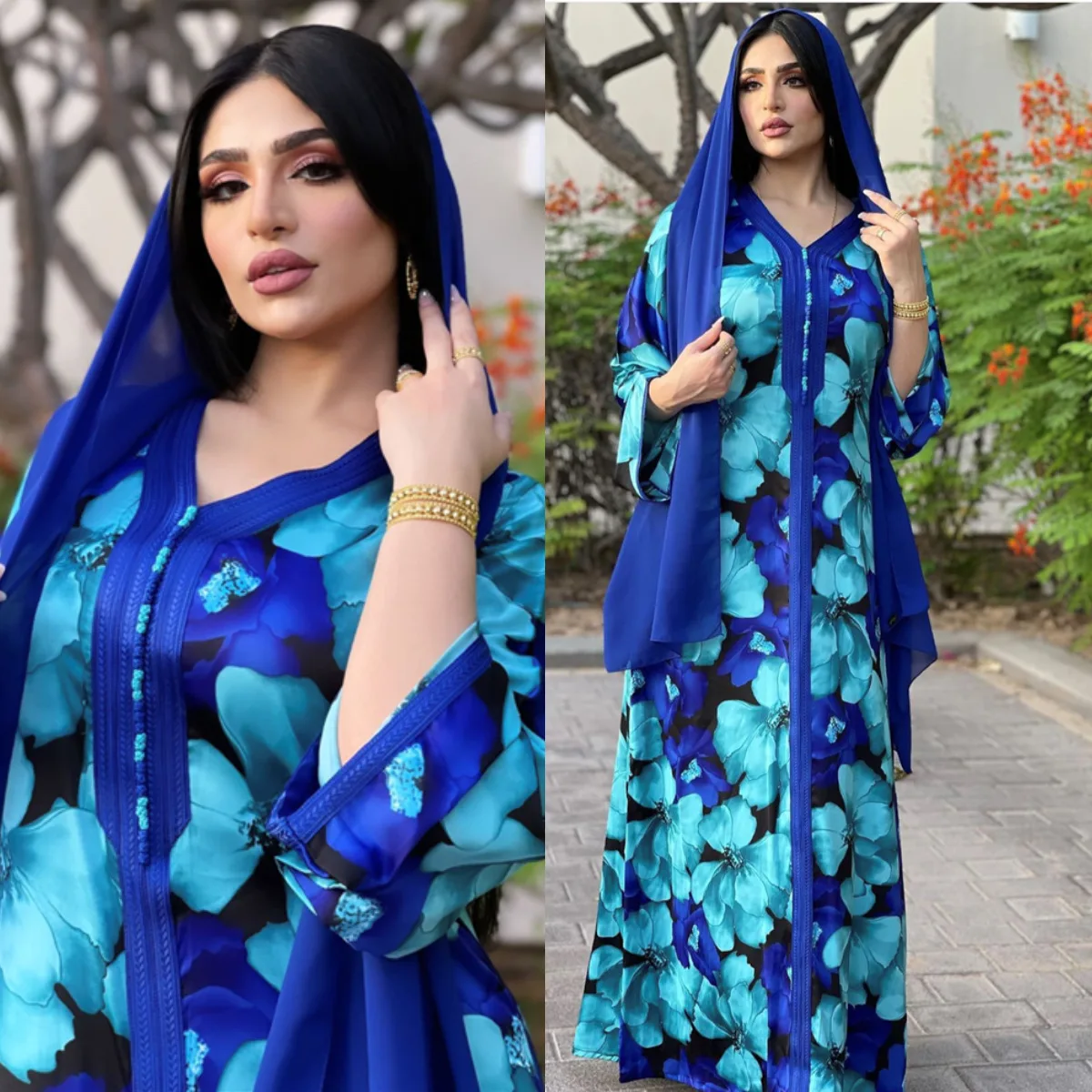 

Hot -selling Gilt printed button strap slim dress muslim kaften, Blue