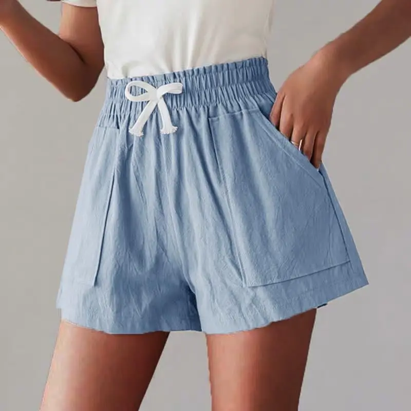 

Eco Friendly Cotton and Linen Shorts Wide Leg Drawstring Jersey Shorts for Women, Black/pink/sky blue/customized colors