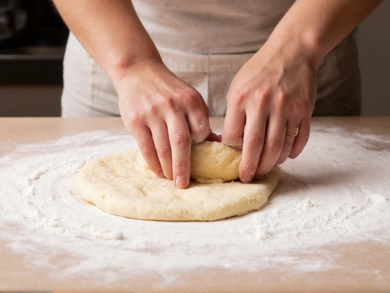 Hands kneading smooth tortilla dough on floured surface