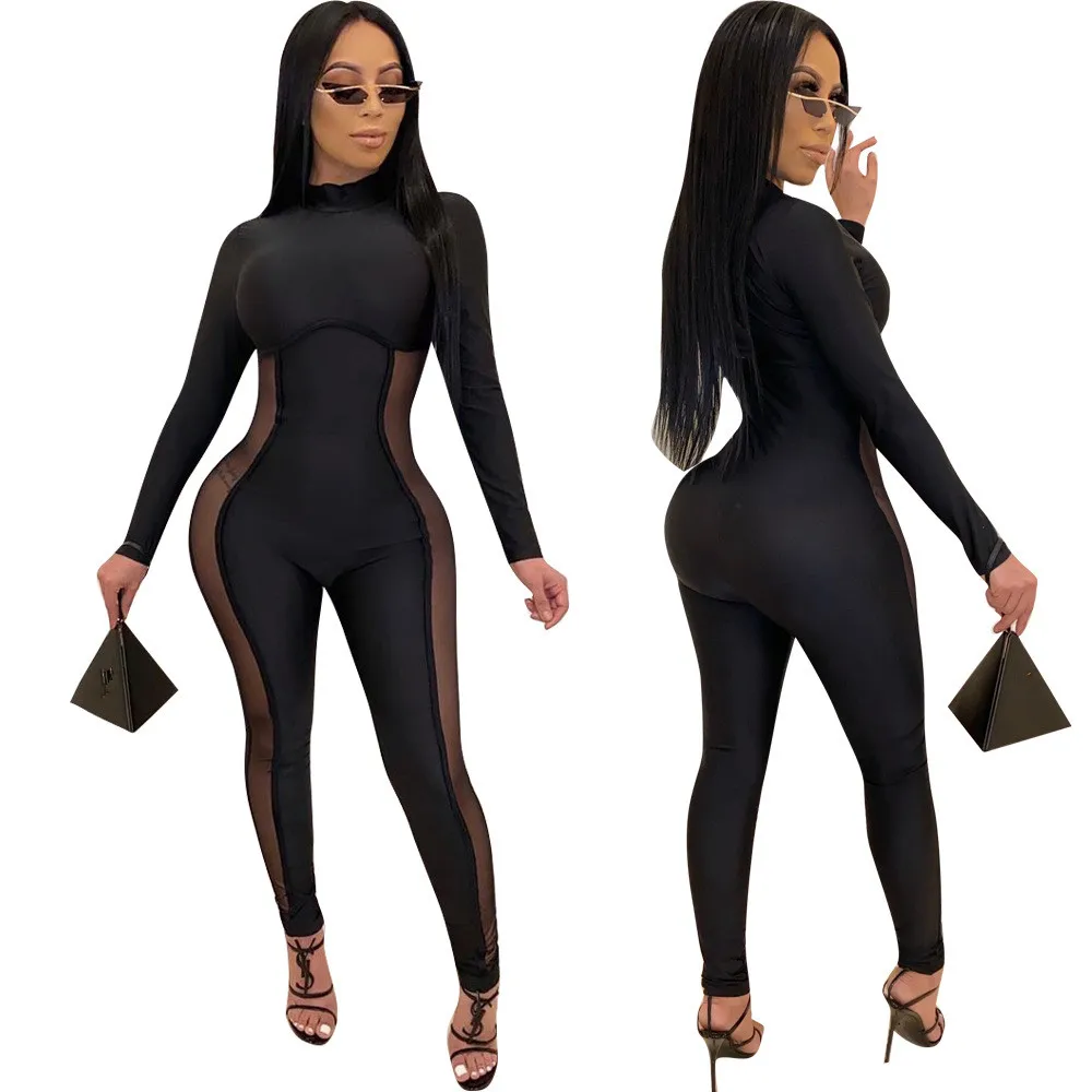 

B53372A New product woman sexy see-through black tight jumpsuit