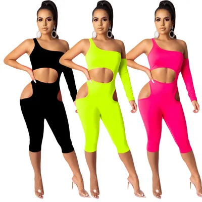

Wholesale Fashion Hollow Out Pure Color Club One Shoulder Sexy Bodycon Night Club Jumpsuit