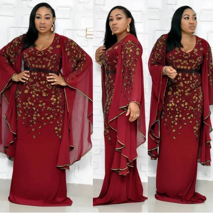 

2021 women long sequined batwing sleeve dress african ladies ethnic clothing dresses, Rose red