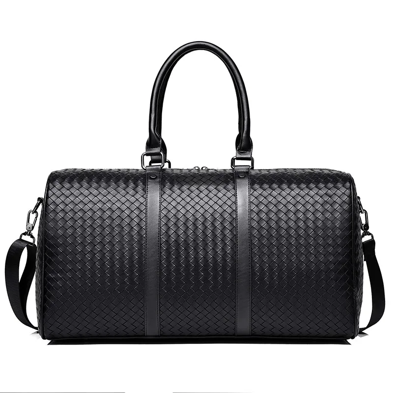 

New Design Pu Leather Woven Travel Bag Waterproof Black Tote Duffel Bags Traveling Bag