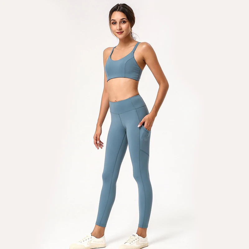 

20% Spandex Women Fitness Gym Wear Two Piece Sports Yoga Clothing Pants Leggings And Bra Top Sets Wholesale 80% Nylon Sportswear