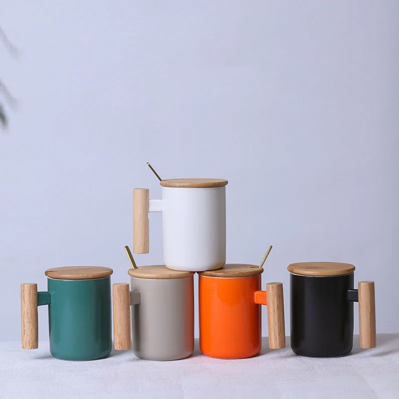 

Nordic wooden handle ceramic cup holiday gift literary water cup coffee milk mug holiday gift