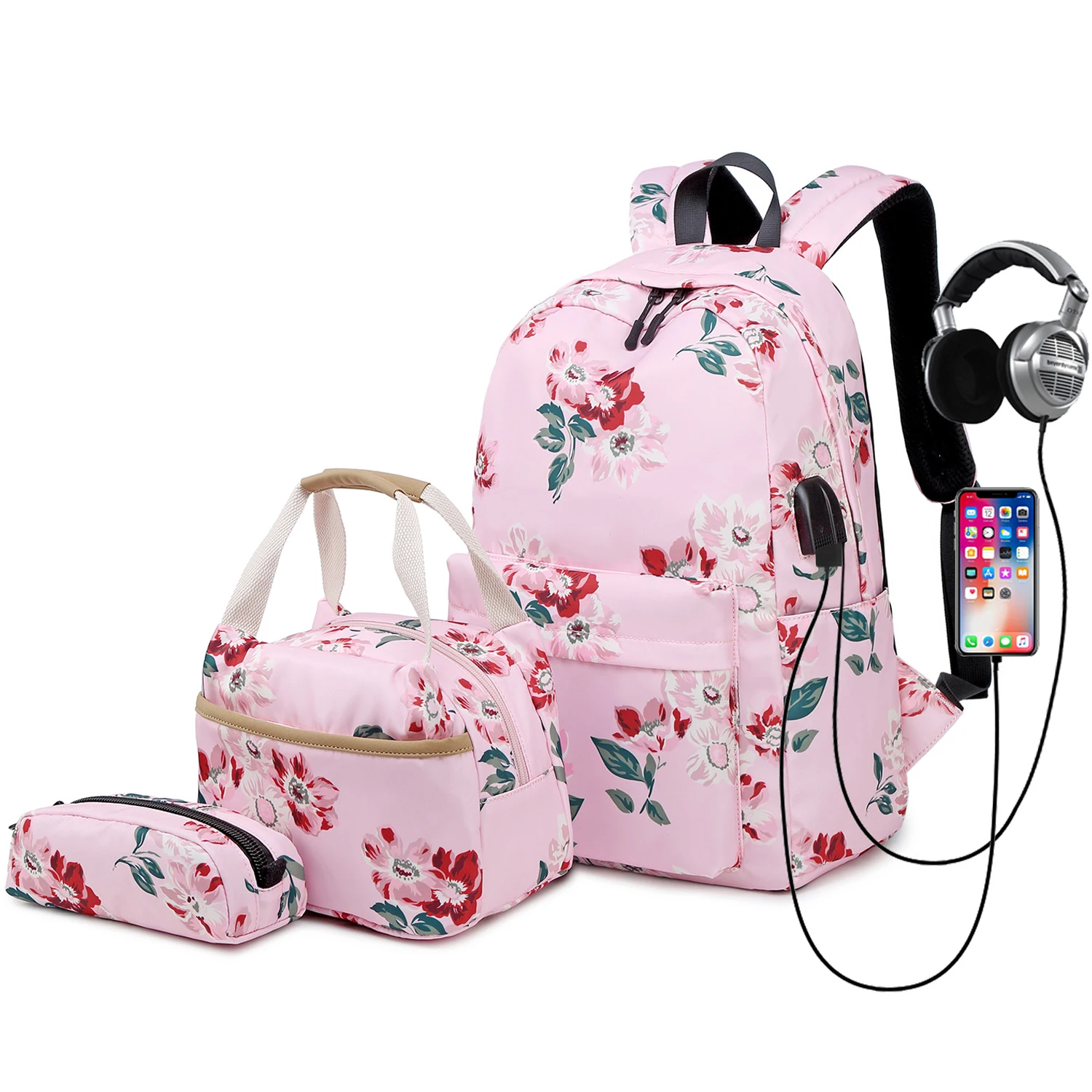 

Backpack for Women School Bag Set 3 in 1 Floral Backpacks with Lunch Bag Pencil Case Laptop Bookbags with USB Charging Port