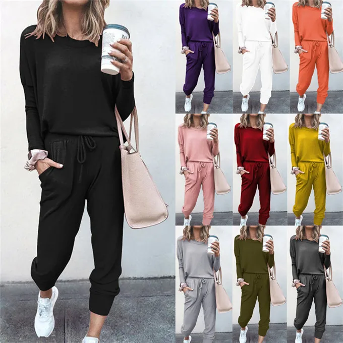 

16 colors Fashion 2 Piece Lounge Wear Set Long Sleeve Knit long pants Pajamas Women Sleepwear, 16 colors,as picture