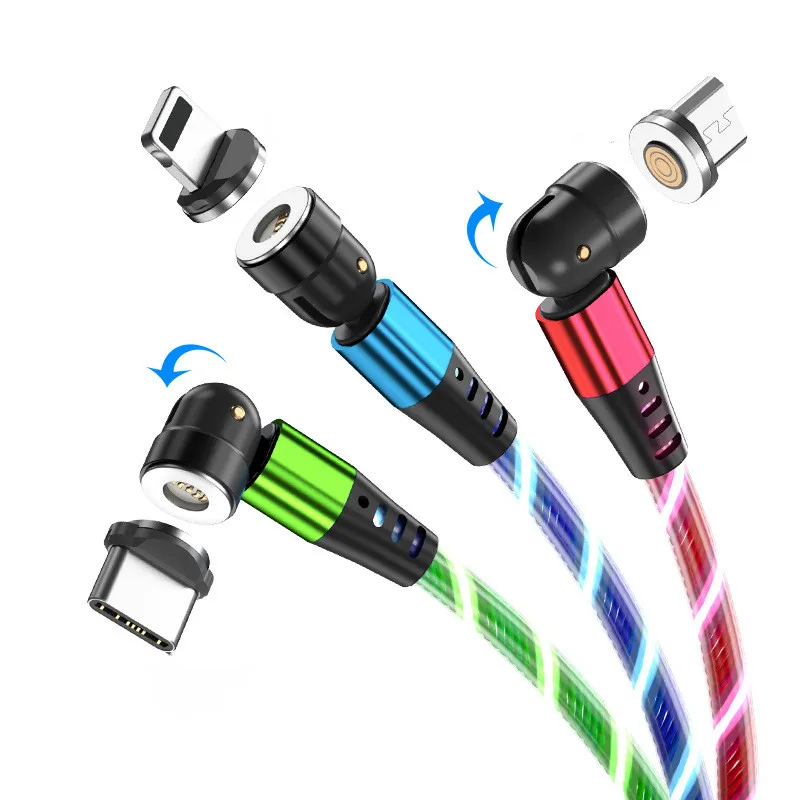 

3 In 1 Magnetic Flowing Mobile Phone Charging Cables LED light Micro USB Type C Charger 540 degree rotation usb magnetic cable, Red, blue, green, colorful