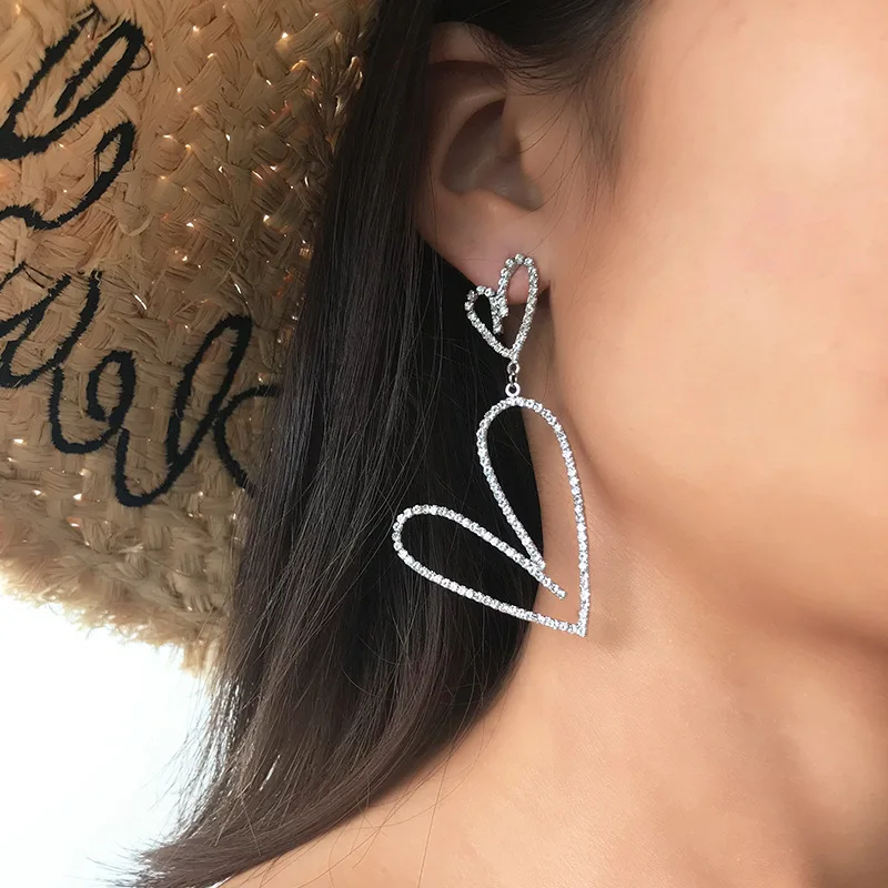 

Double Heart Earrings Rhinestone Geometric Dangle Earrings For Women Fashion Diamond Jewelry Accessories Fine Gifts