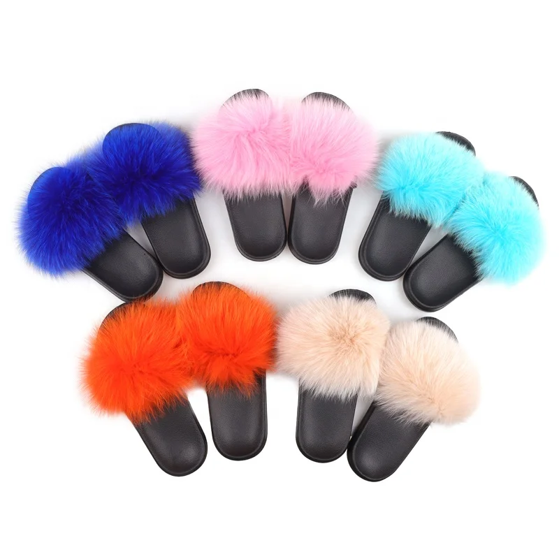

Hot Fashion Real Fur Fluffy Colorful Slides Sandals For Women Slipper