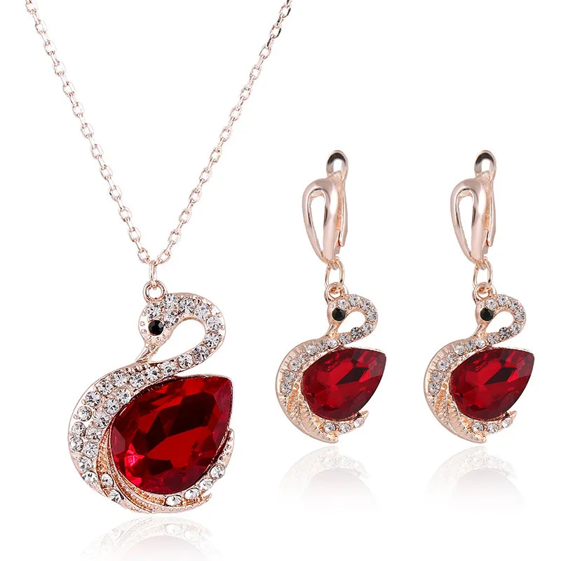 

2020 Crystal Red Swan Pendant Charms Lover Fashion Jewelry Birthday Present Women Necklace Earring Set