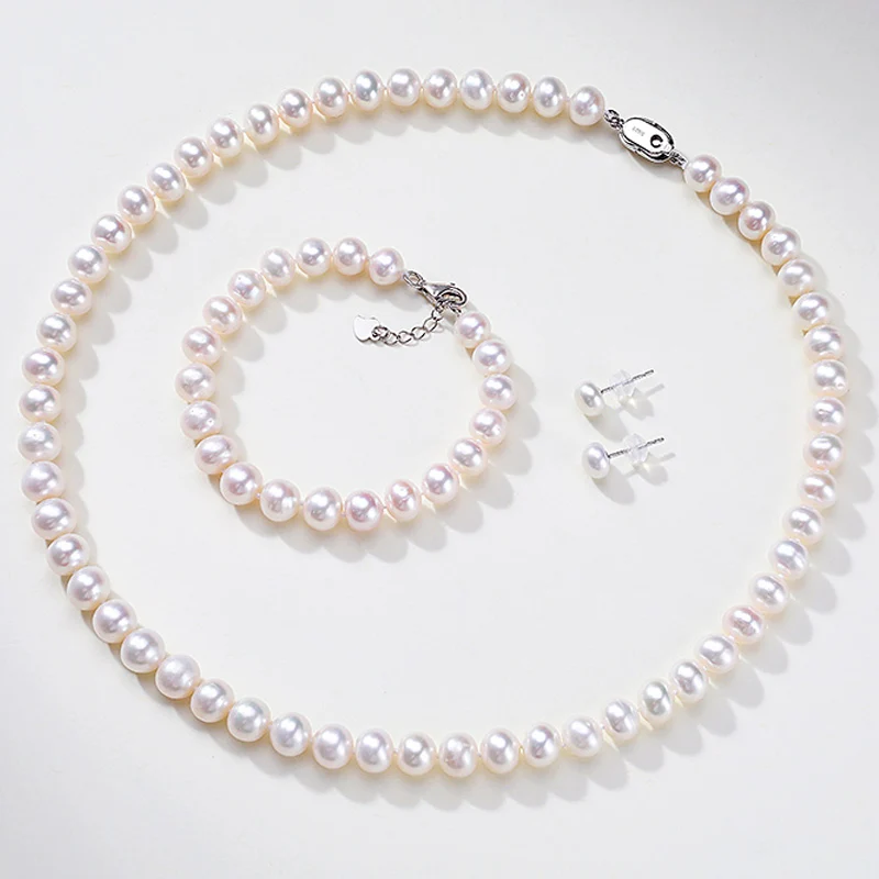 Wholesale Price Natural Freshwater  Beads 3A Rice 18inch+7inch+earrings( 1 Set)  Finished Necklace Fashion