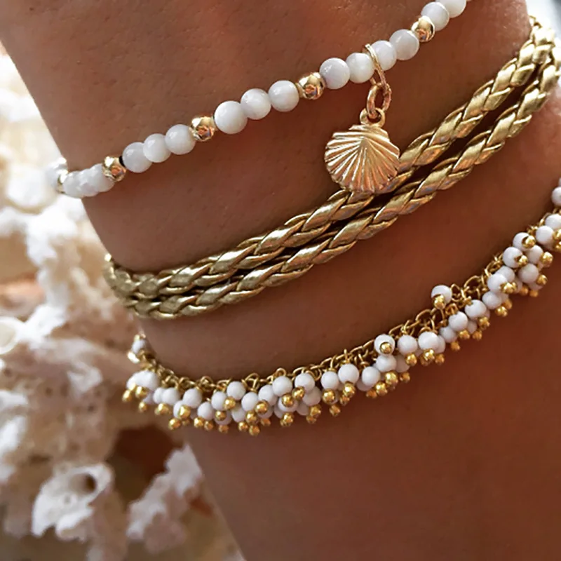 

Bohemian style fashion alloy rice beads tassel shell bracelet set women Jewelry 4pcs/set