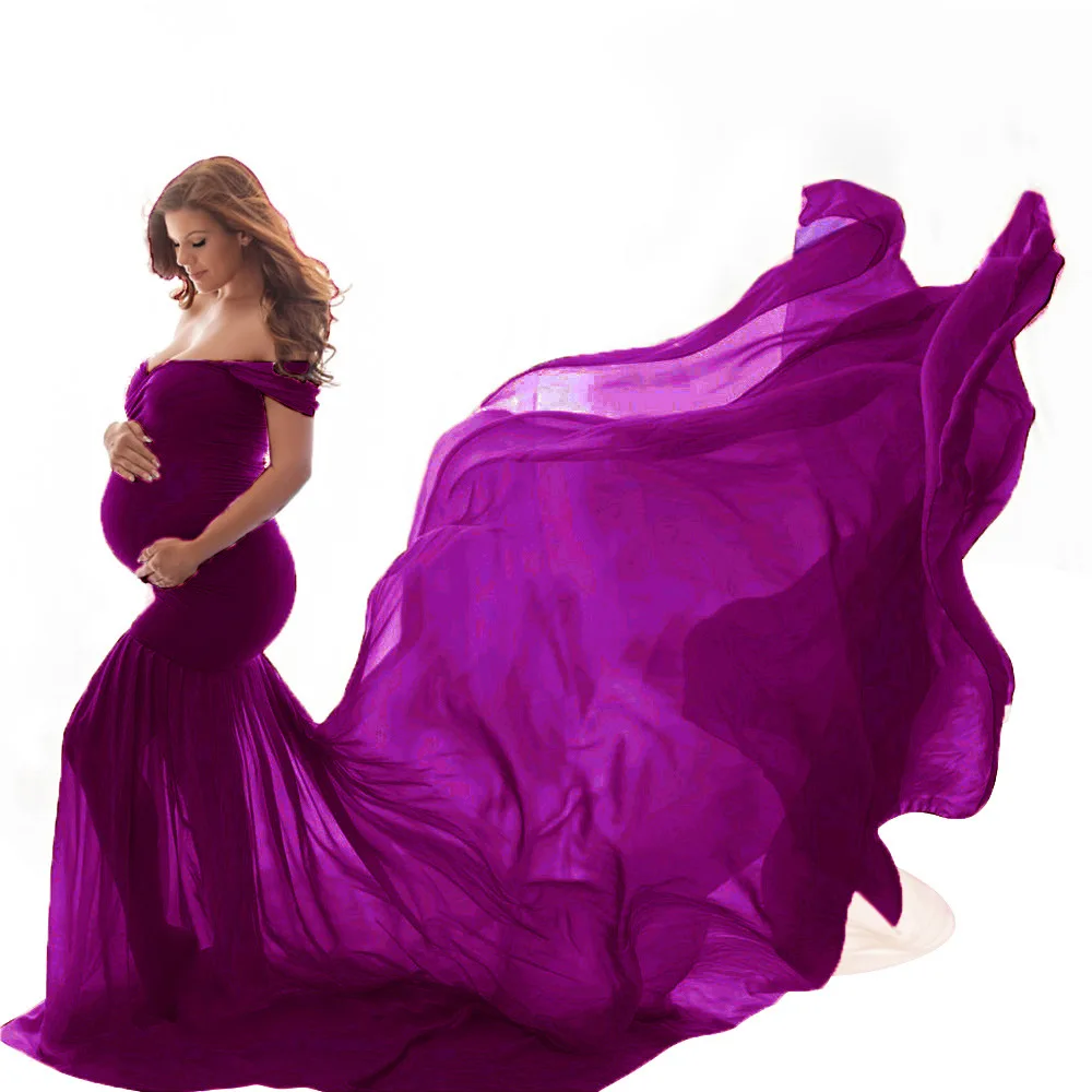 elegant mercerized cotton off shoulder maternity dress with chiffon long tail  photography gown