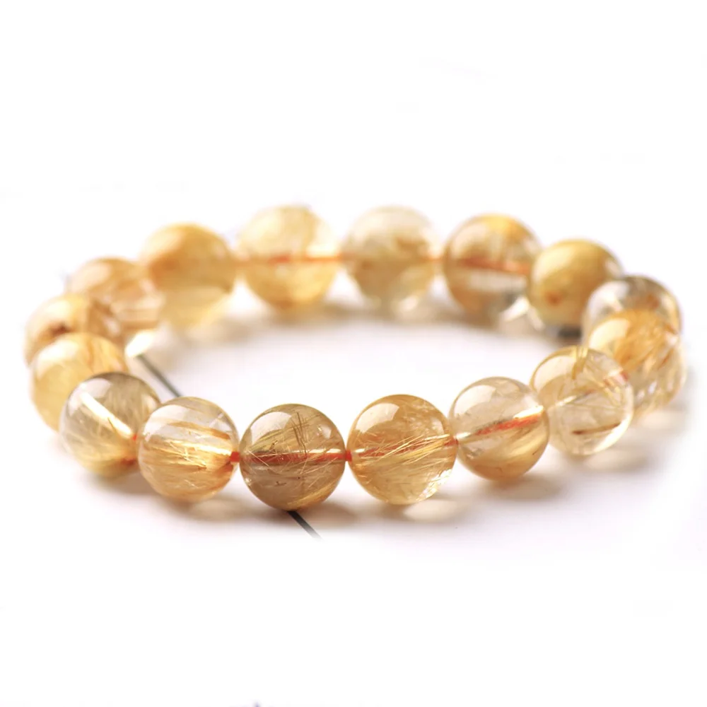 

Hot Sale Handmade 7mm-14mm Natural Golden Crystal Quartz Rutilated Beads Bracelet For Women Men, Gold