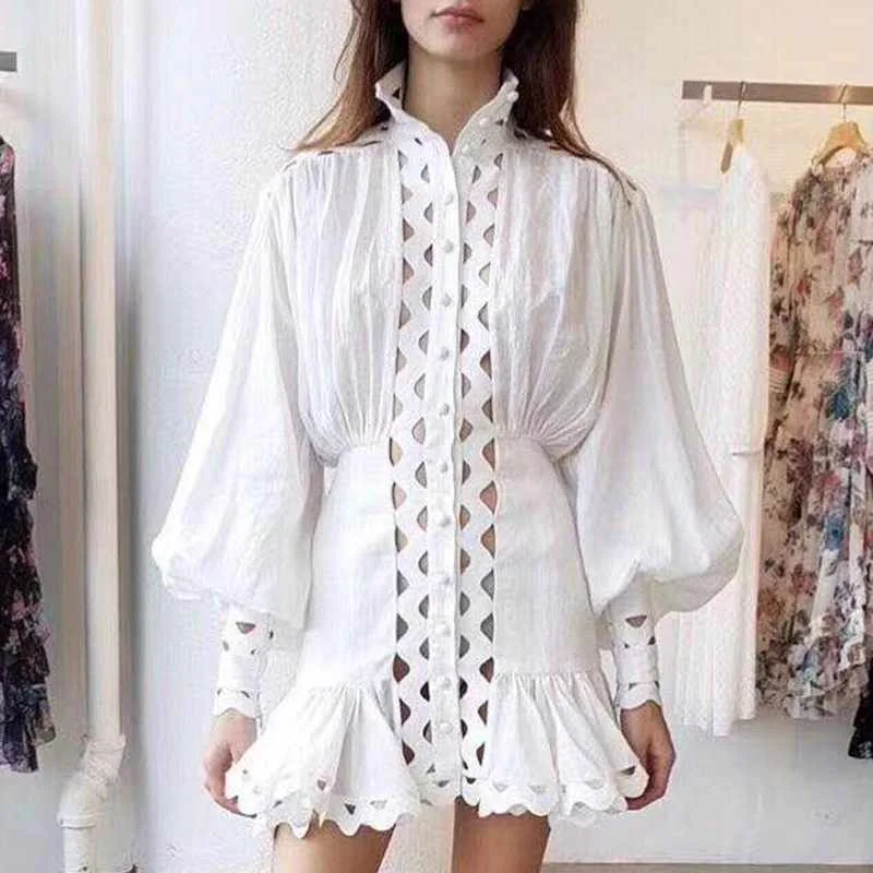 

Australian Spring lace hollow out puffed sleeve ruffles casual dresses, As pic