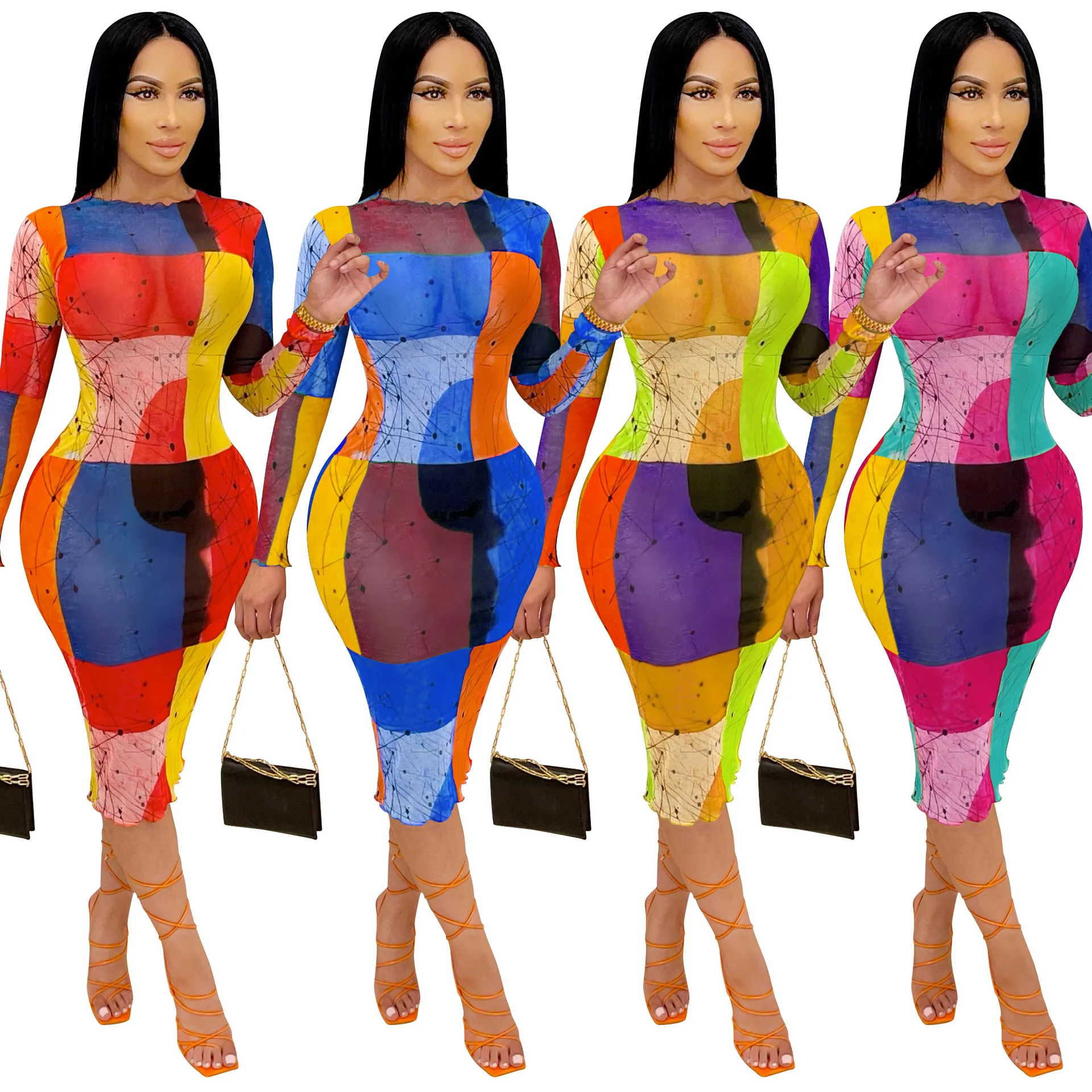 

Summer mesh see through digital printing patchwork custom fashion long sleeves bodycon women allure couture western dress, 3 colors , customized color