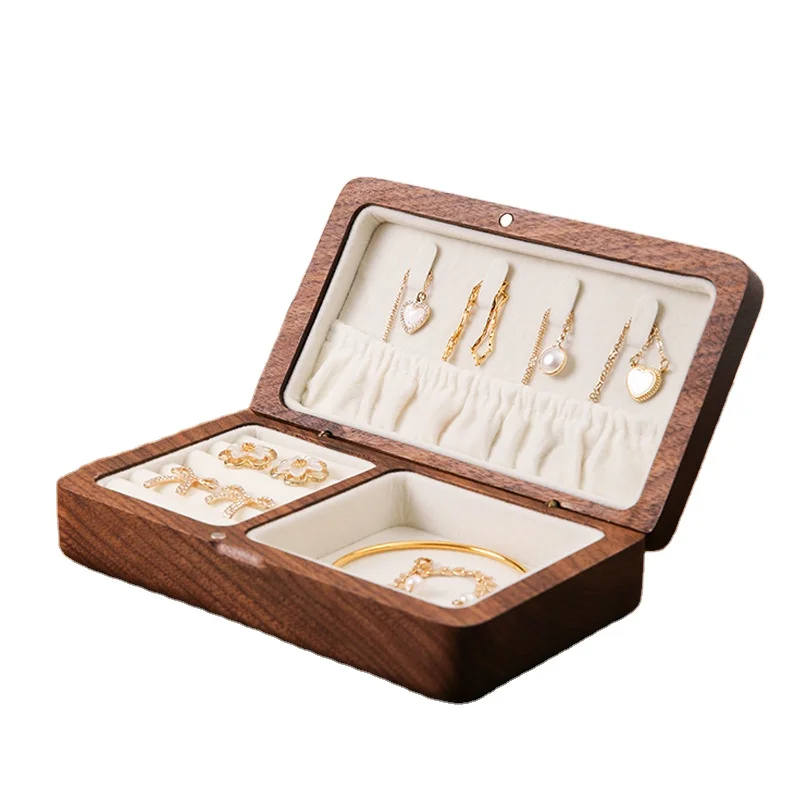 

Hot Selling Travel Trinket Pendant and Earring Combination Box Portable Flannelette Solid Wood Jewelry Box