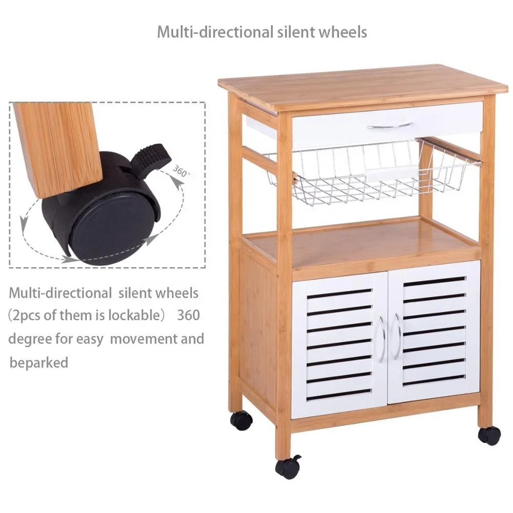 
Kitchen Cart Rolling Trolley Cart Island Bamboo Top with Storage Drawer Basket Cabinet Truck Kitchen 