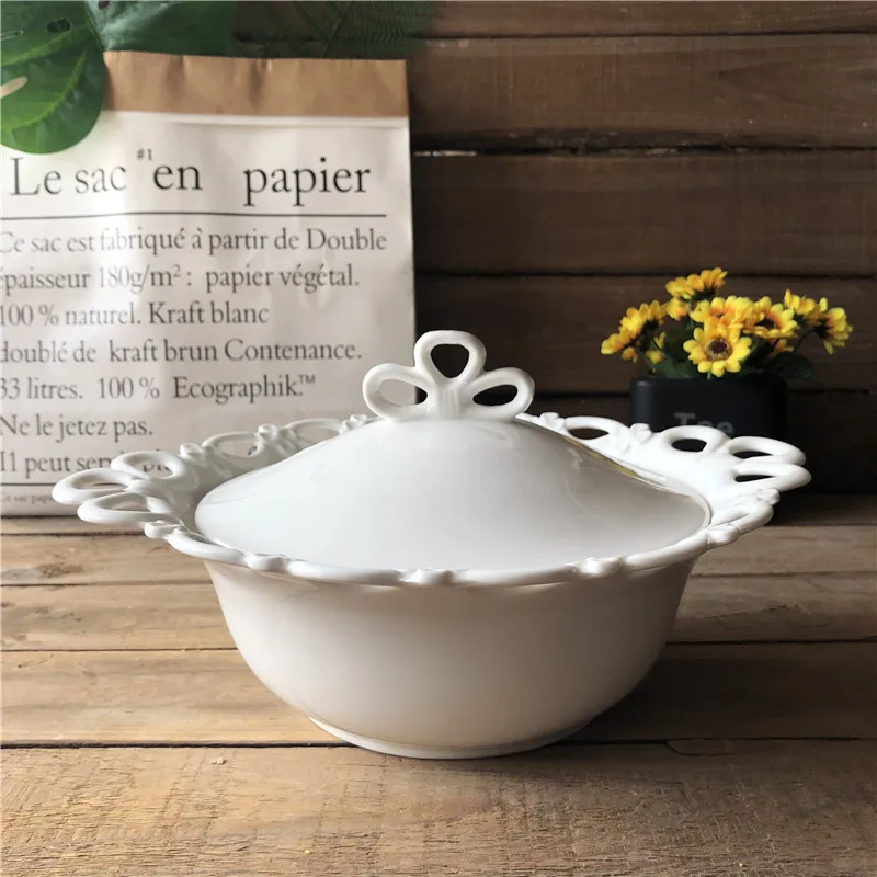 
wholesale high quality round white ceramic embossed soup tureen 