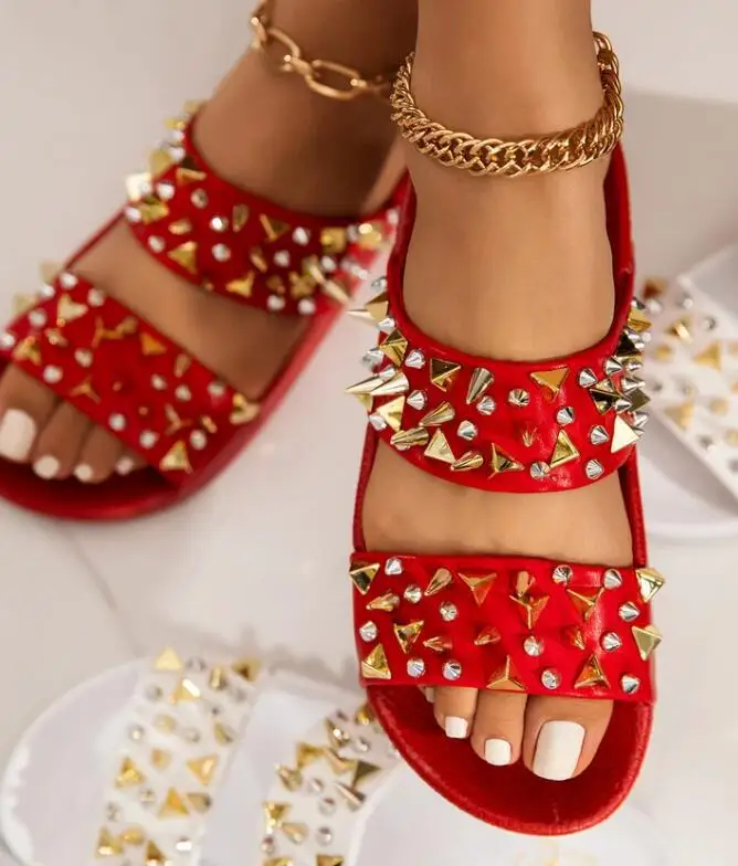 

Women's summer neon colors rivet water drill slides nail flat slippers for ladies sandals, Black,red,white
