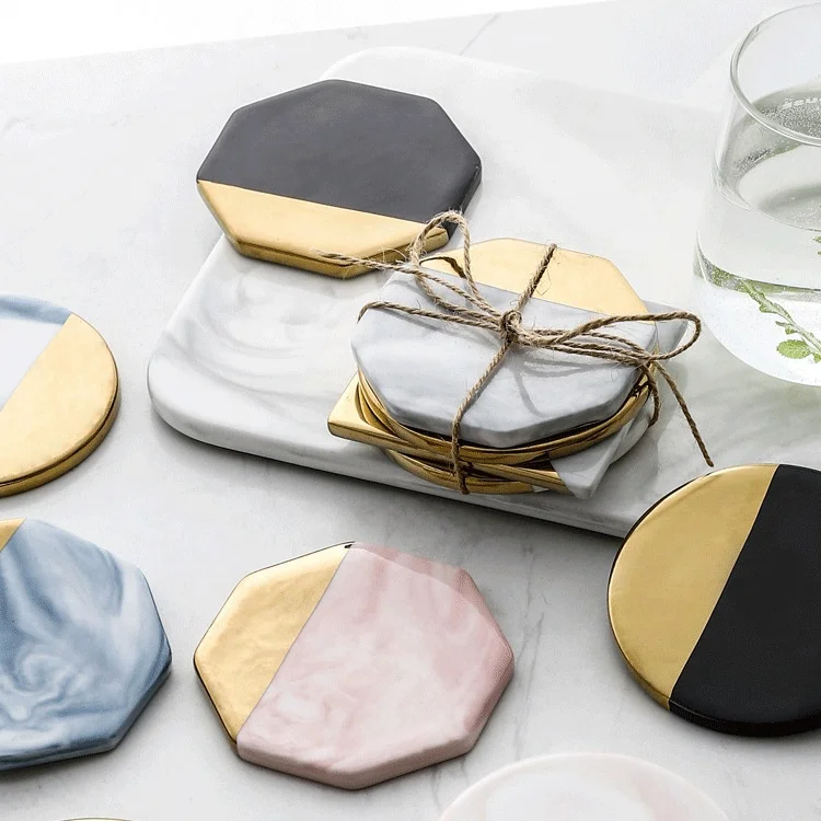 

Luxury Marble Gold Plated Ceramic Coasters Geometric Porcelain Cup Mat Waterproof Heat-insulated Pad Table Decoration