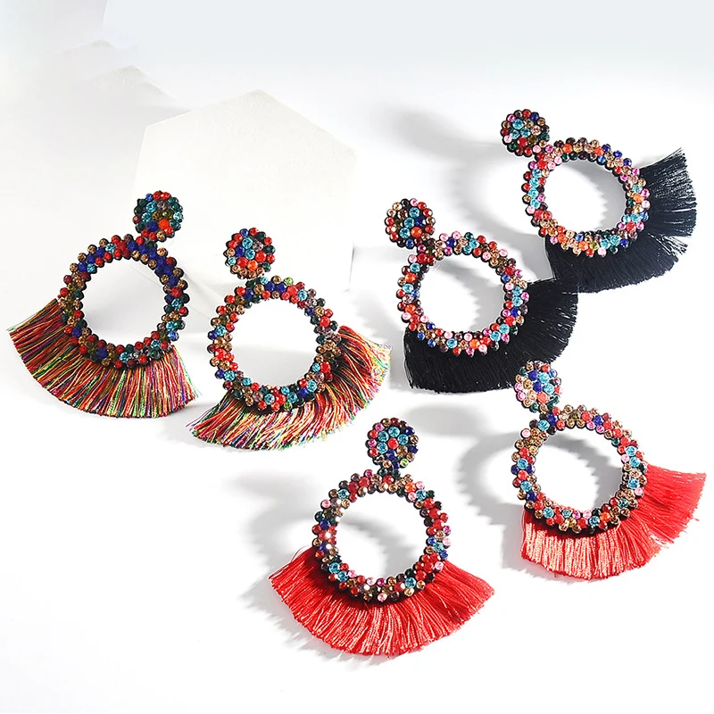 

JuHu Bohemian Tassel Multicolor Round Crystal Fashion Handmade Retro Drop Earrings, As picture