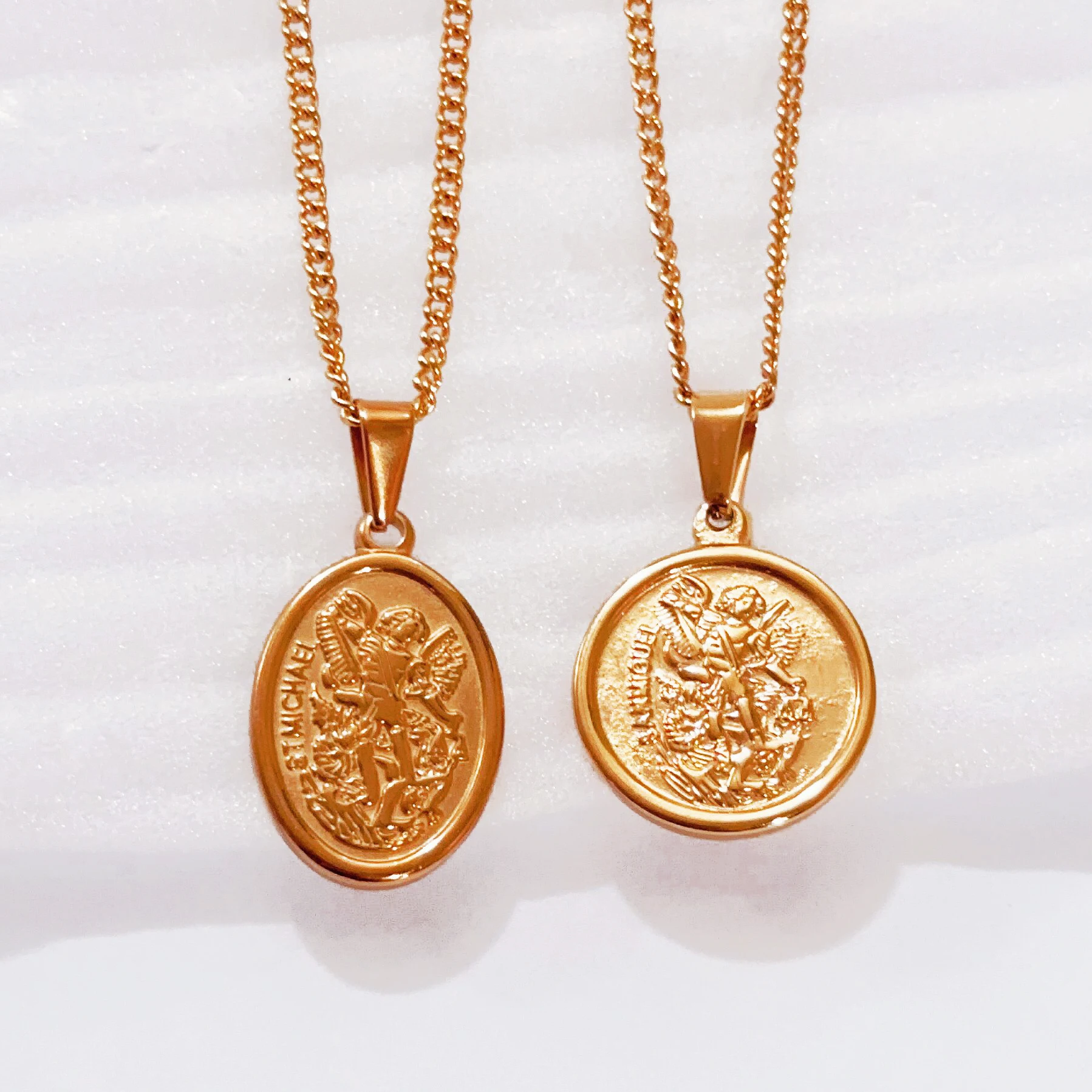 

18k Gold Circle Oval Archangel Michael Necklace Pendant For Men Catholic Religious Jewelry Saint St. Michael Archangel Necklace