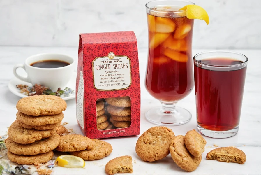 Trader Joe's ginger snaps displayed alongside various holiday beverages including coffee, tea, and mulled wine