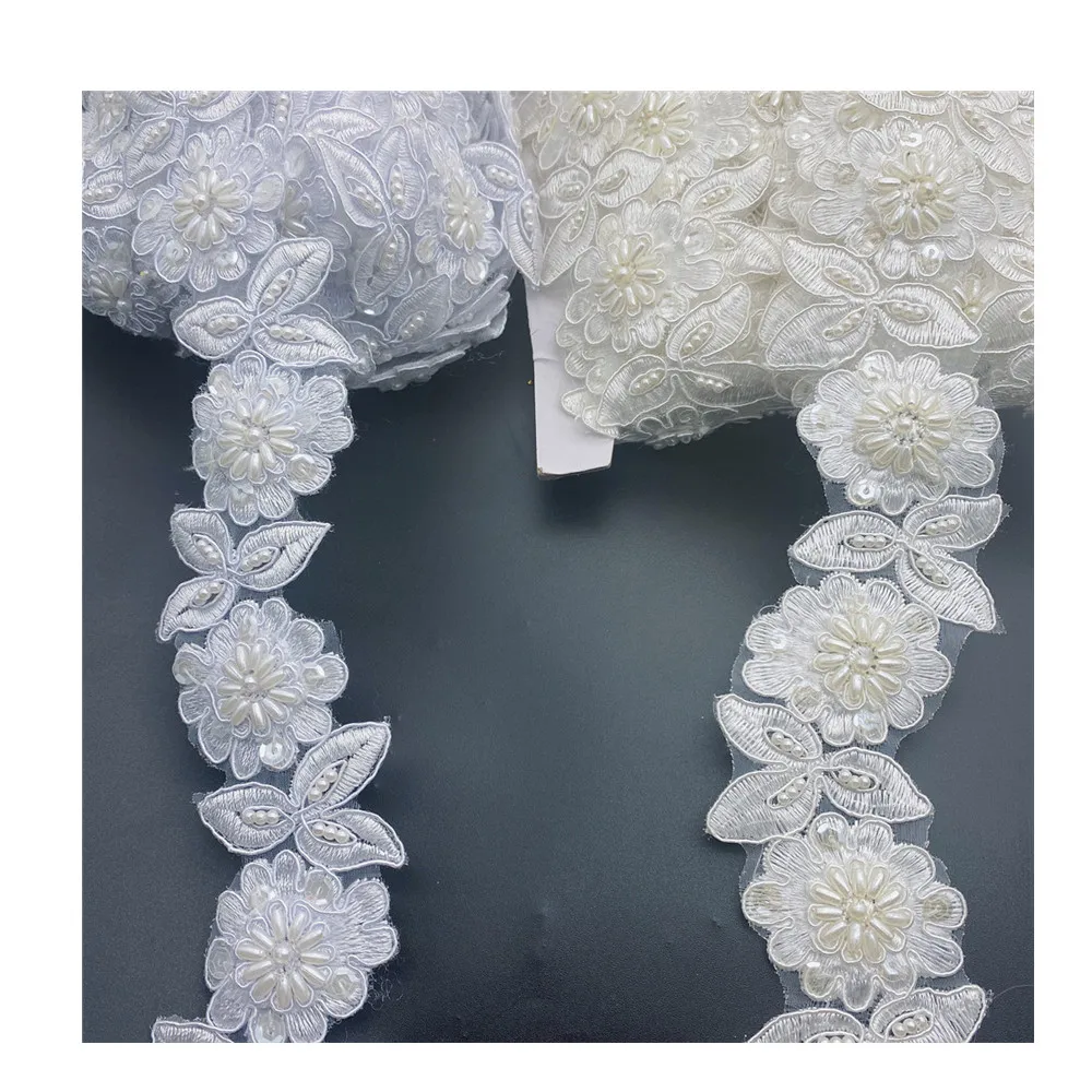 

Beaded Embroidered Venise Floral Wedding Edging Bridal Lace Trimming 1.7", Ivory