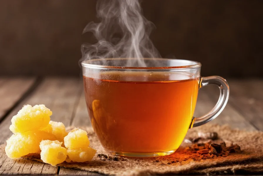 Close-up of crystallized ginger pieces next to a steaming cup of ginger crystal tea showing the amber-colored infusion