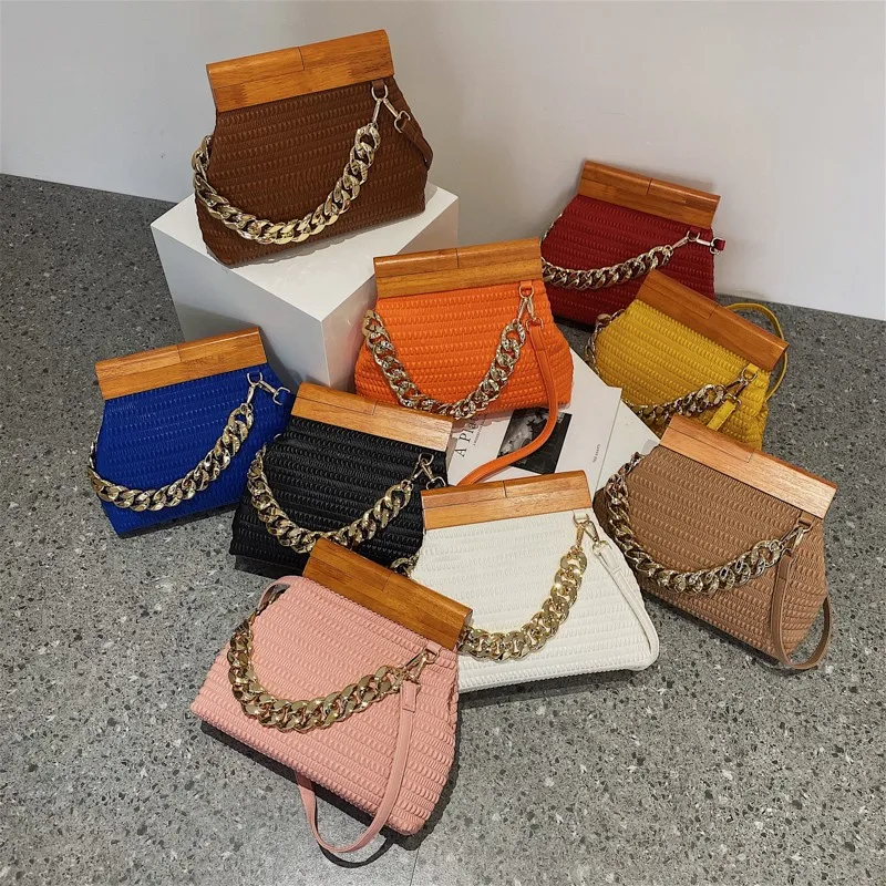 

Fashion design wooden and pu leather handbags ladies thick chain large shoulder hand bags for women, 8 colors