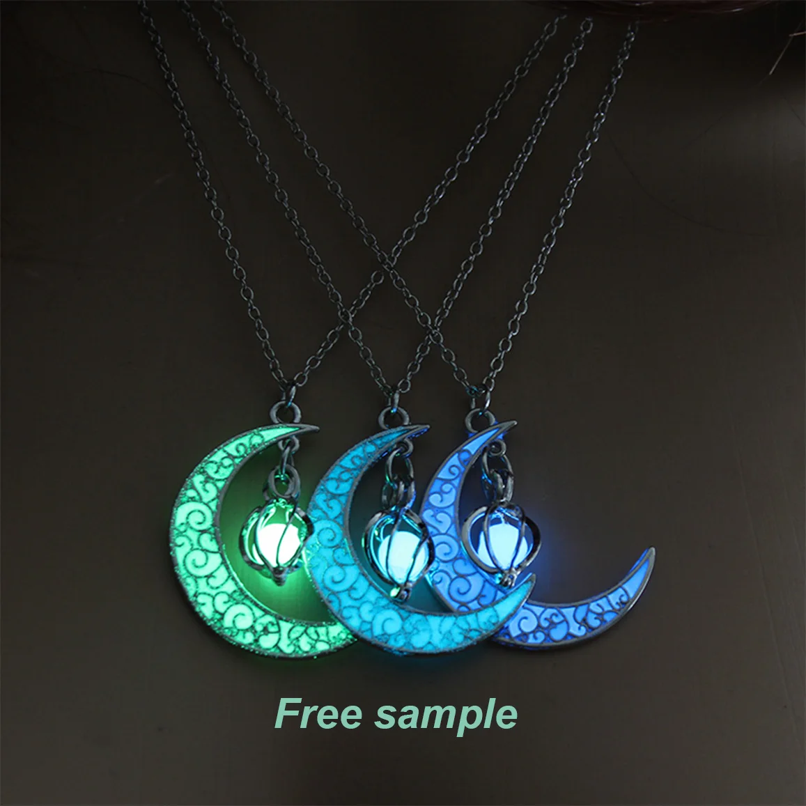 

NY309 Jewelry Silver Plated Crescent Shaped Pendant Luminous Stone Beads Glow In the Dark Necklace moon for Women Gift