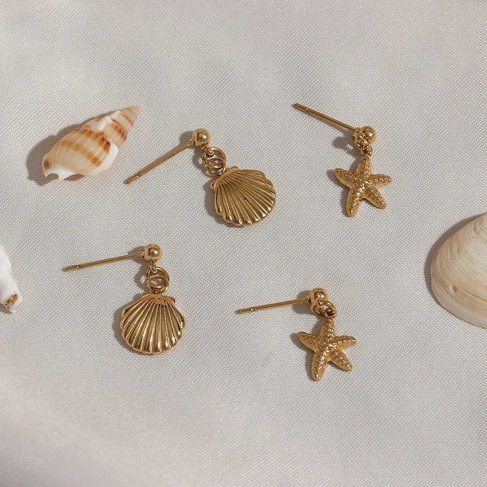 

Unique RTS Women Jewelry Shell & Star Drops Stainless Steel Gold Stud Earrings, 14k gold