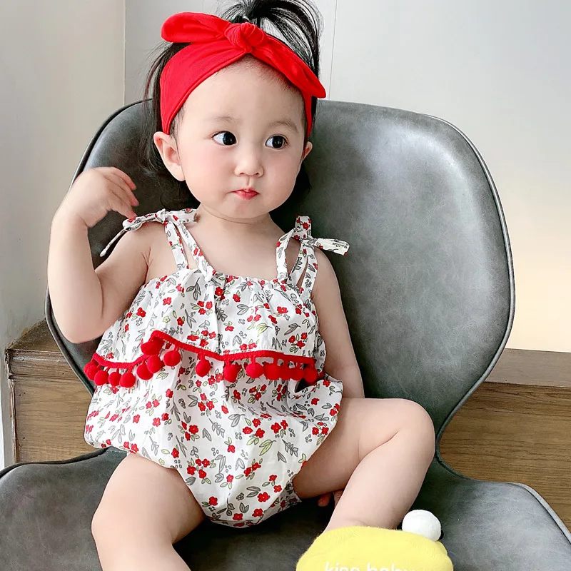 

Floral Print Tassel Romper Sunsuit Baby Clothes Girls Jumpsuits Sleeveless Girls Jumpsuits Sleeveless, As picture