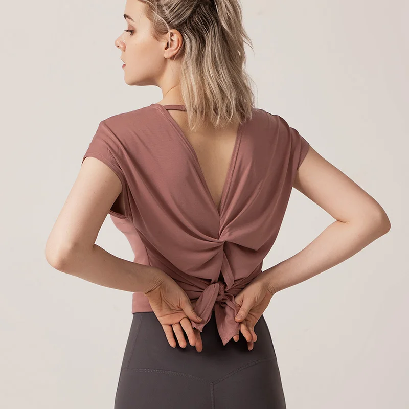 

Women Loose Yoga Tops Fitness Sportswear T-Shirt Pilates Workout Open Back Short Sleeve Sexy Dance Top Cloth for Gym Exercise, Bean paste,black,gray green,light gray